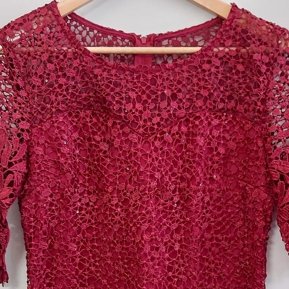 Burgundy 3/4 Sleeve Crochet Lace Dress - Picture 5 of 14